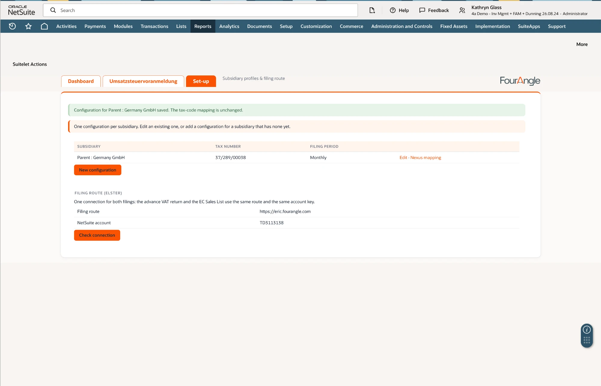 Elster-Cockpit in NetSuite: Set-up mit Subsidiary-Profil und Filing Route
